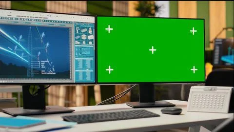 Digital power lines analytics dashboard on green screen PC showing metrics 写真素材