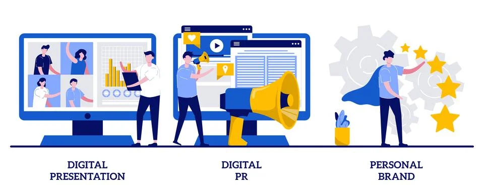 Digital presentation, digital PR, personal brand concept with tiny people. .. Stock Illustration