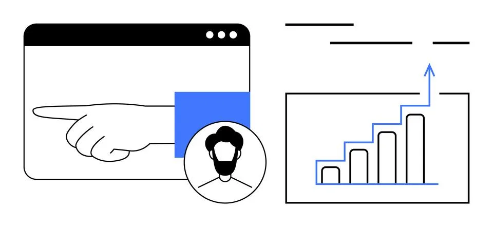 Digital Presentation with Hand Pointing, User Avatar, and Growing Bar Chart Stock Illustration