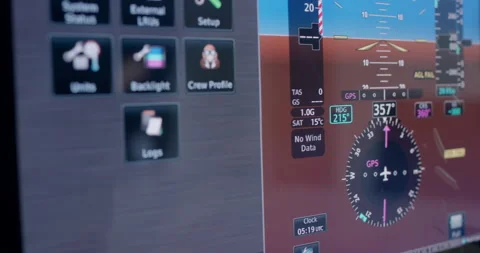 Digital primary flight display and avionics interface in modern aircraft cockpit Video stock 329549420