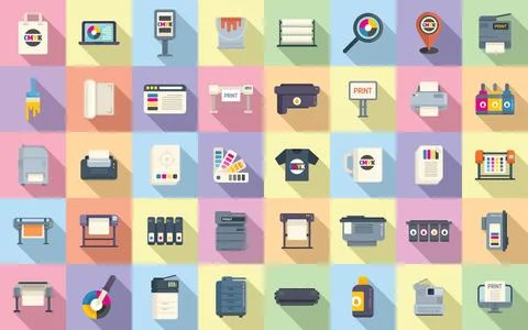Digital printing icons set flat vector. Computer printer Stock Illustration