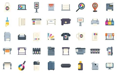 Digital printing icons set flat vector. Computer printer Stock Illustration