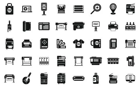 Digital printing icons set simple vector. Computer printer Stock Illustration