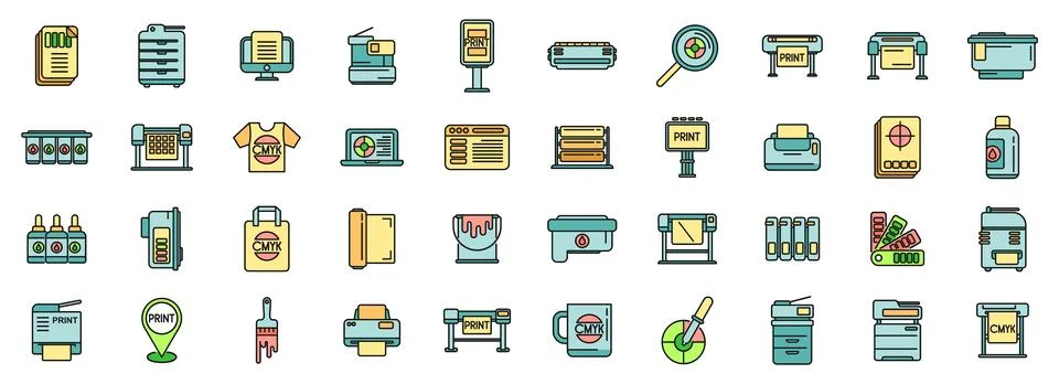 Digital printing icons set vector color line Stockillustratie