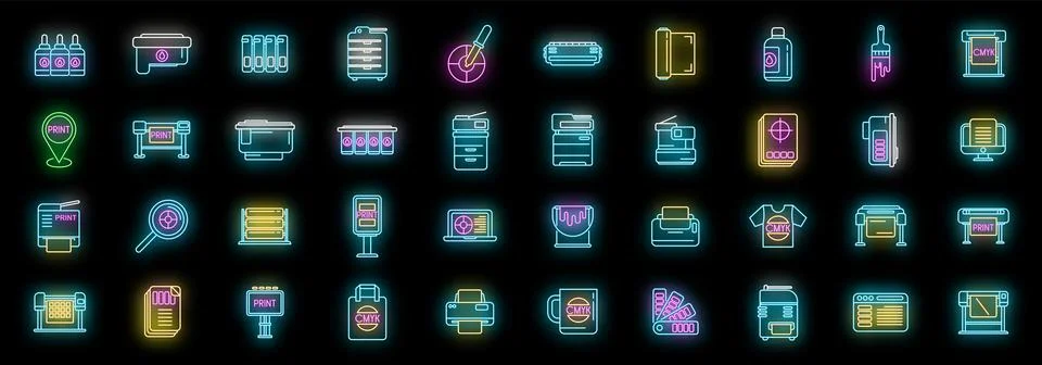 Digital printing icons set vector neon Stock Illustration