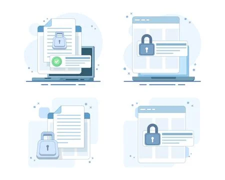 Digital privacy and cybersecurity set featuring locked documents Stock Illustration