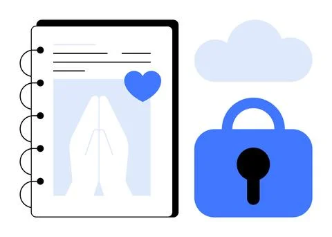 Digital Privacy and Security with Cloud Lock and Notebook with Praying Hands Stock Illustration