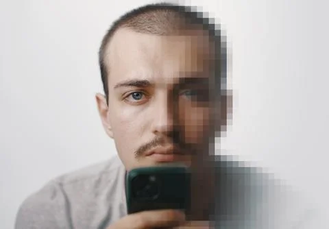 Digital Privacy Concept: Man with Pixelated Face Holding Smartphone Stock Photos