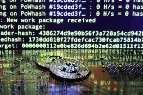 The digital process of cryptocurrency mining by using the GPUs. Bitcoins and  写真素材