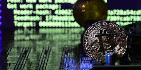 The digital process of cryptocurrency mining by using the GPUs. Bitcoins and  写真素材