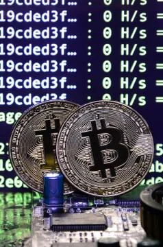 The digital process of cryptocurrency mining by using the GPUs. Bitcoins and  写真素材