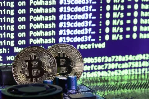 The digital process of cryptocurrency mining by using the GPUs. Bitcoins and  写真素材