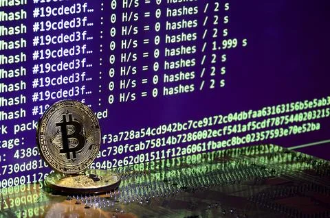 The digital process of cryptocurrency mining by using the GPUs. Bitcoins an.. Stock Photos