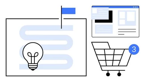 Digital Process Flow with Lightbulb, Web Page, and Shopping Cart with Notif.. Stock Illustration