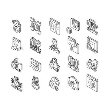 Digital Processing Collection isometric icons set vector Illustration Stock Illustration