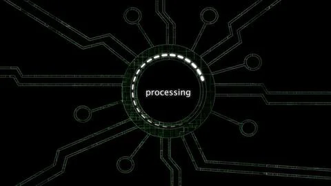 Digital processing concept with glowing circuit lines and central processor.. Stock Illustration