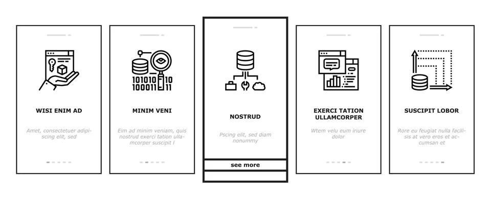 Digital Processing Onboarding Icons Set Vector Illustrazione stock