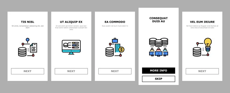 Digital Processing Onboarding Icons Set Vector Illustrazione stock