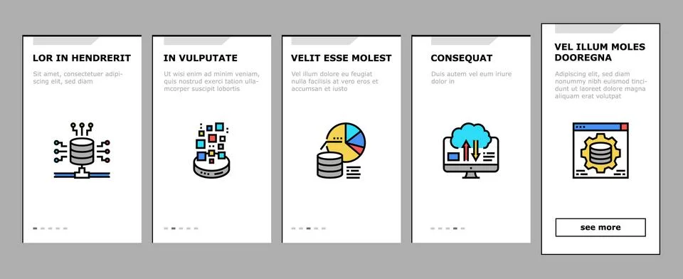 Digital Processing Onboarding Icons Set Vector Illustrazione stock