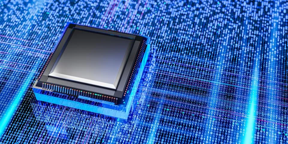 Digital processor chip with binary code background, big data, artificial in.. Stockfoto's