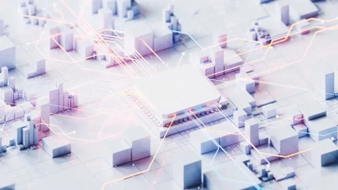 Digital processor chip with glowing data streams connecting abstract blocks.. Stock Footage 332318272