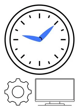 Digital Productivity Tools Emphasized by Clock, Gear, and Display Icons in .. Illustrazione stock