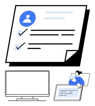 Digital Profile Setup with Completed Tasks, Computer Monitor, and Person Us.. 스톡 일러스트