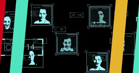 Digital profiles with user data and timestamps displayed on futuristic interface Stock Photos