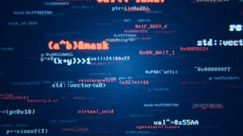 Digital programming code scrolling on a screen, representing software Illustration