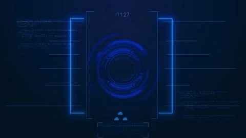 Digital programming control panel visual blue neon brackets, code fragments, cen Stock Footage 340557415