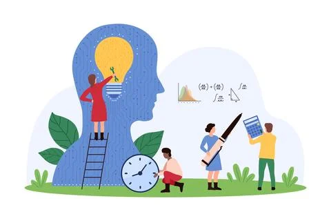 Digital project development, machine learning, tiny people repair light bulb Stock Illustration