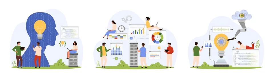 Digital project development, research and analysis by tiny people, data Stock Illustration