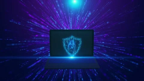 Digital protection laptop interface bright shield , locked screen, and neon purp Stock Footage 340548762