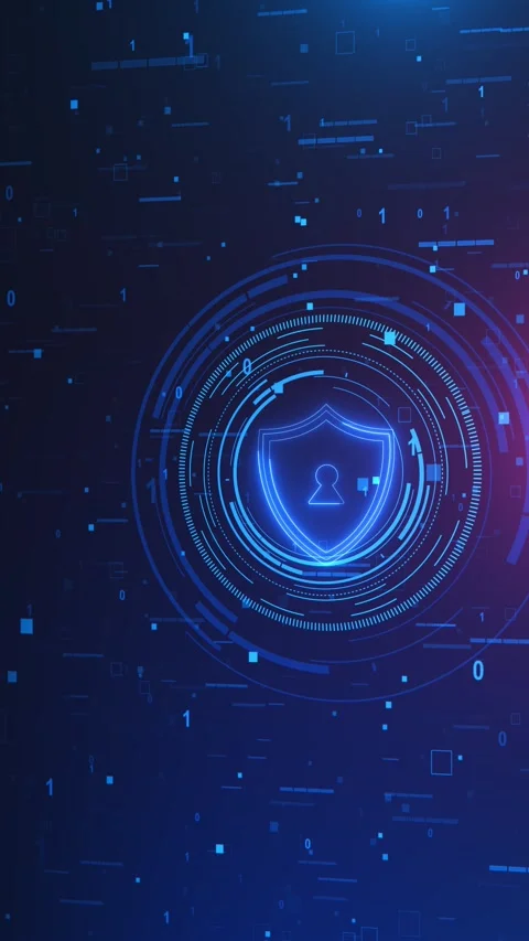 Digital protection shield interface with blue keyhole symbol, rotating HUD rings Stock Footage 333974187