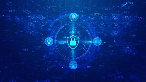 Digital protection shield interface visual cyan lock symbol, glowing icons, fast Stock Footage 340526351