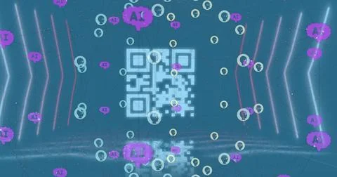 Digital QR code surrounded by floating AI icons in futuristic virtual space Stock-Fotos