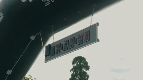 Digital race timer clock hanging at outdoor running event start Stock Footage 337580587