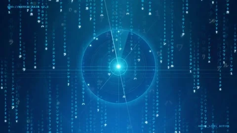 Digital Radar Interface with Falling Binary Code and Futuristic HUD Elements on Stock-Footage 343165809