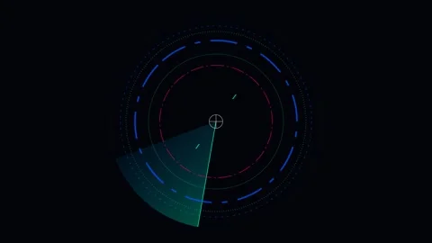 Digital radar interface with glowing circular scan lines on black background Stock Footage 338311256