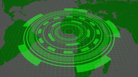 Digital Radar Interface Overlaying World Map with Green HUD Elements and Gr.. Stock Footage 321626213