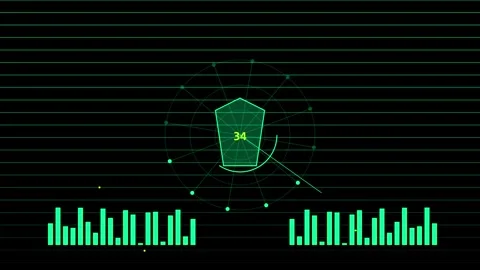 Digital radar interface with scrolling data visualization on dark backgroun.. Stockbeeldmateriaal 342431591
