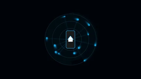 Digital radar interface with smartphone icon spinning particle animation bl.. Stock Footage 342322459