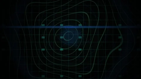 Digital Radar Scan Interface with Topographic Contour Lines and Data Grid. Stock Footage 340525444