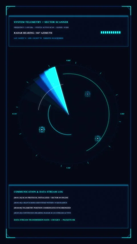 Digital radar scanner interface loop featuring tech metrics and data monito.. Stock Footage 348332476
