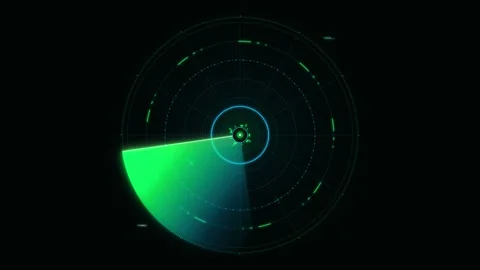 Digital radar screen with glowing green sweep and concentric blue circles o.. 動画素材 334945023