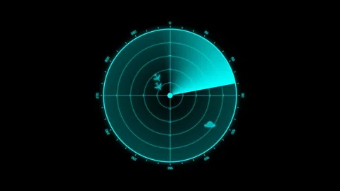 Digital Radar Screen Interface with UFOs, Airplanes and Scanning Beam Stock Footage 340520414