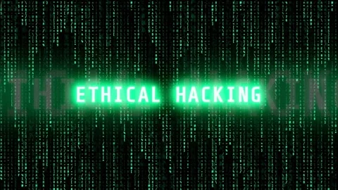 Digital rain background with glowing green ethical hacking text for Stock Footage 343160327