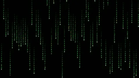 Digital rain of falling binary code and characters on a black background for Stock Footage 345761675