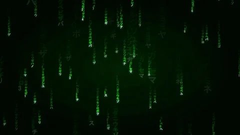 Digital rain of falling green matrix code characters on a dark black background Stock Footage 336775312