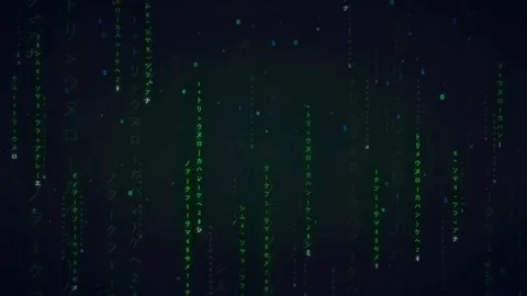 Digital rain of falling green matrix code characters on a dark cinematic Stock Footage 336777731
